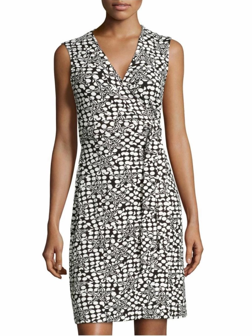 DVF New Yahzi Sleeveless Wrap Midi Dress in Black Star Print Jersey Stretch 10